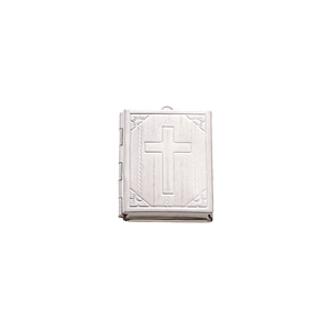 Detail of book-shaped 316L stainless steel locket pendant with engraved cross design