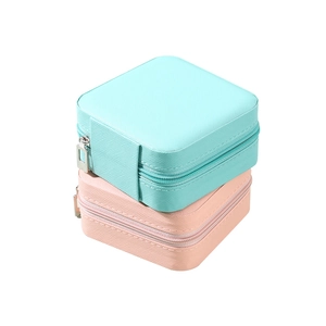 Portable mint green and pink square PU leather jewelry box with zipper closure