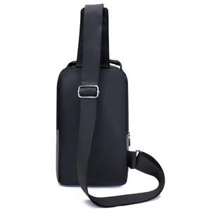 Men's minimalist black oxford crossbody waist bag with adjustable strap back view