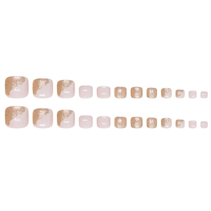 24pcs pink and gold glitter toe press-on nails with geometric sparkle patterns