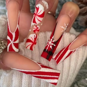 Christmas Press On Nails Red White Candy Cane Snowflake Bow French Tip Glitter Fake Nails Resin Festive Holiday