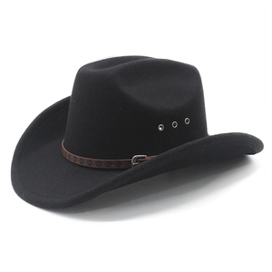 Classic black felt cowboy hat with vintage embossed brown leather band and metal vents