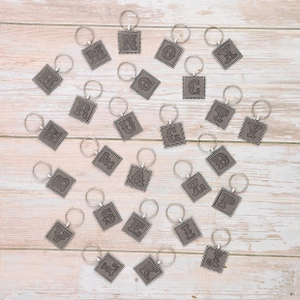 Personalized Initial Letter Keychain Vintage Zinc Alloy Artificial Leather Embossed Square Pendant Bag Charm Key Ring Gift