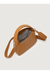 Top view of brown textured tote bag showing gray patterned lining and interior pockets