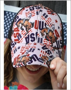 Pink criss-cross ponytail baseball cap with USA flag and horse print graphics