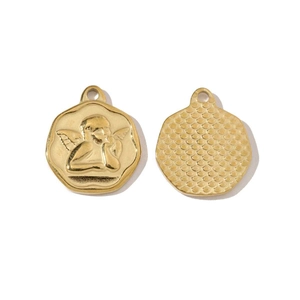 Detail of gold angel relief and honeycomb texture stainless steel charms for DIY jewelry