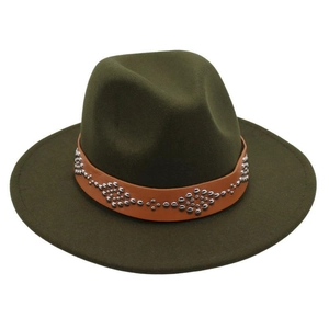 Detailed macro view of dark olive wool fedora hat with brown studded leather band