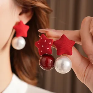 Star and pearl fabric earrings featuring red star patterns and elegant beads for women