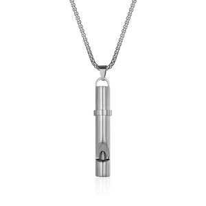 Polished silver whistle pendant necklace in stainless steel with a box chain on white background