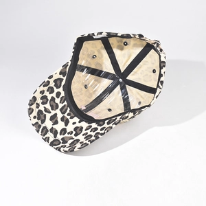 Inside view of leopard baseball cap showing inner structure and adjustable metal buckle
