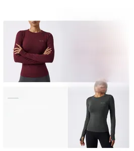 Détail des hauts de sport bordeaux et gris avec poignets à passe-pouce fonctionnels