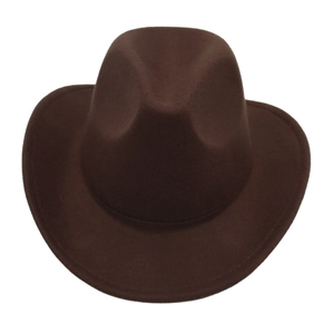 Detail of a brown felt cowboy hat showing the stiff wide brim and classic crown indent