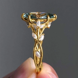 Colorful Palace Style Leaf Vine Ring For Women Made Of Copper With Marquise Cut Zircon Luxury Floral Jewelry For Party