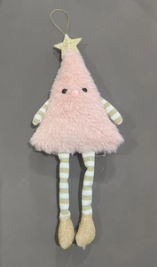 Detailed view of a pink plush Christmas tree doll featuring gold stars and striped long legs