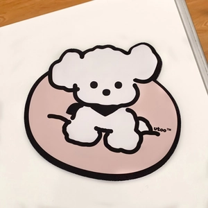 Top view of oval desk mat featuring a cute white cartoon dog pattern on pink background