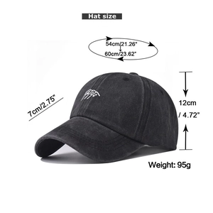 Detailed size chart for washed cotton baseball cap with poker card embroidery