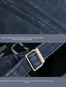 Detail of vintage navy blue baseball cap showing high-density stitching and metal buckle