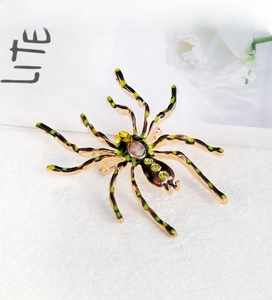 Detailed view of spider brooch with green gems and gold metal on white texture background
