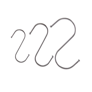 Three-piece set of silver S-shaped metal hooks in small medium and large sizes