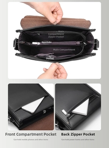 Detailed view of black PU leather shoulder bag featuring multi-pocket internal storage layout