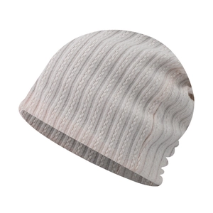 Detailed close-up of beige and taupe vertical ribbed knit pattern on a slouchy beanie