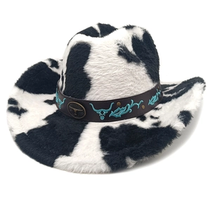 Chapeau De Cowboy Western Imprimé Vache Fausse Fourrure Chaud Hiver Large Bord Broderie Tête De Taureau Mode Homme Femme