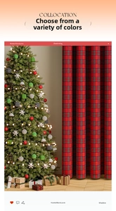 Christmas red plaid curtain hanging next to a decorated tree for festive home decor