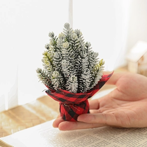 Mini 13cm snowy Christmas tree with red buffalo plaid base for tabletop holiday decor