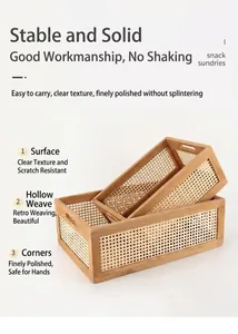 Close-up of three nesting vintage wicker storage baskets with solid wood frames and handles