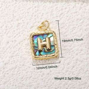 Gold-plated square pendant with H-letter design and abalone shell inlay 19mm size