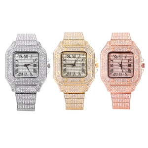 Luxury square iced-out watches in silver, gold, and rose gold with Roman numerals