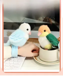 Cute plush parrot slap bracelets in blue and green, creative bird dolls for wrist or bag decor