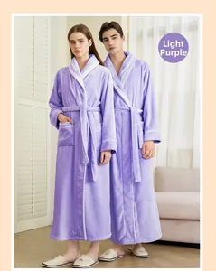 Detail of light purple flannel robes featuring contrast piping and large side pockets