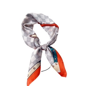 70cm satin square scarf with orange checkered print and chain patterns tied as a bow