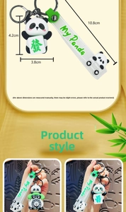 Dettagli portachiavi panda 3D con tessera mahjong e dimensioni precise mostrate