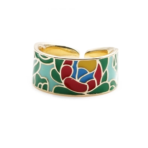 Detail of gold-plated open ring with colorful red and blue enamel geometric patterns