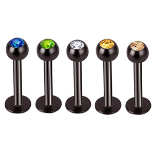 Set of five colorful gemstone labret studs with black coated stainless steel flat back base