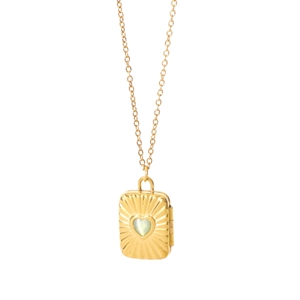 Collier médaillon livre doré vintage avec pierre cœur verte sur pendentif gravé rayonnant