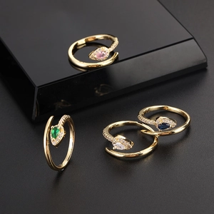 Snake Open Ring Copper Gold Plated With Colorful Pear Shaped Zircon Adjustable Bohemian Style For Women