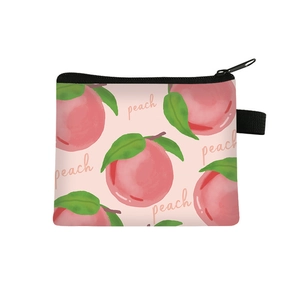 Pink canvas peach pattern coin purse with zipper closure for cards and storage