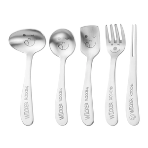 5-piece stainless steel kids cutlery set with smiley faces and engraved handles