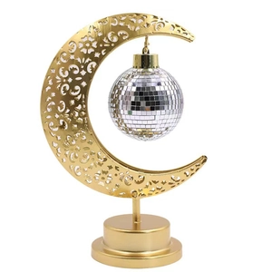 Golden crescent moon table lamp with mirror disco ball for bedroom festive decor