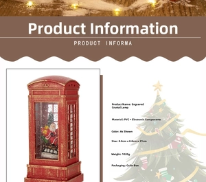 Detailed specs of red Christmas telephone booth snow globe lantern with dimensions