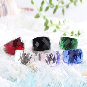 Classic oversized crystal rings in vibrant multi-color faceted glass with metal base