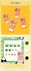 Detail of panda and bamboo themed press-on nails for kids with green checker patterns