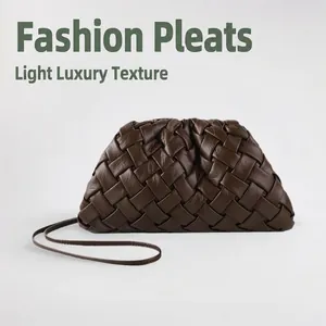 Weaved Crossbody Bag Dumpling Shape Cloud Pouch Pleated PU Leather Handbag Adjustable Strap For Women Minimalist