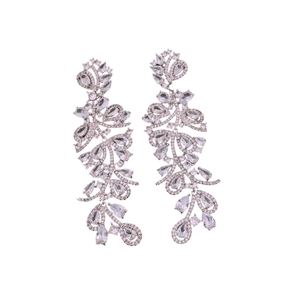 Silver flower tassel earrings with marquise zircon stones on white background