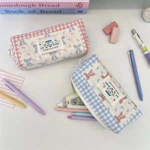 Pink and blue plaid canvas pencil case with cute embroidery for large stationery storage