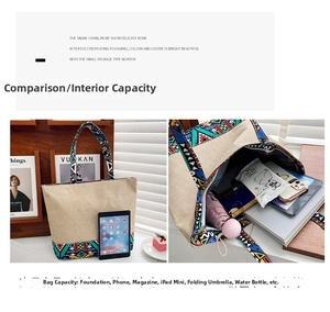 Ethnic canvas tote bag capacity view showing interior storage and iPad Mini comparison