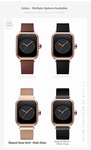 Detail view of square quartz watches with rose gold cases and various silicone or mesh straps